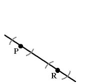 En rett linje med to punkter på den P og R og det er en bue som krysser linjen til venstre og til høyre for P og til venstre og til høyre for R
